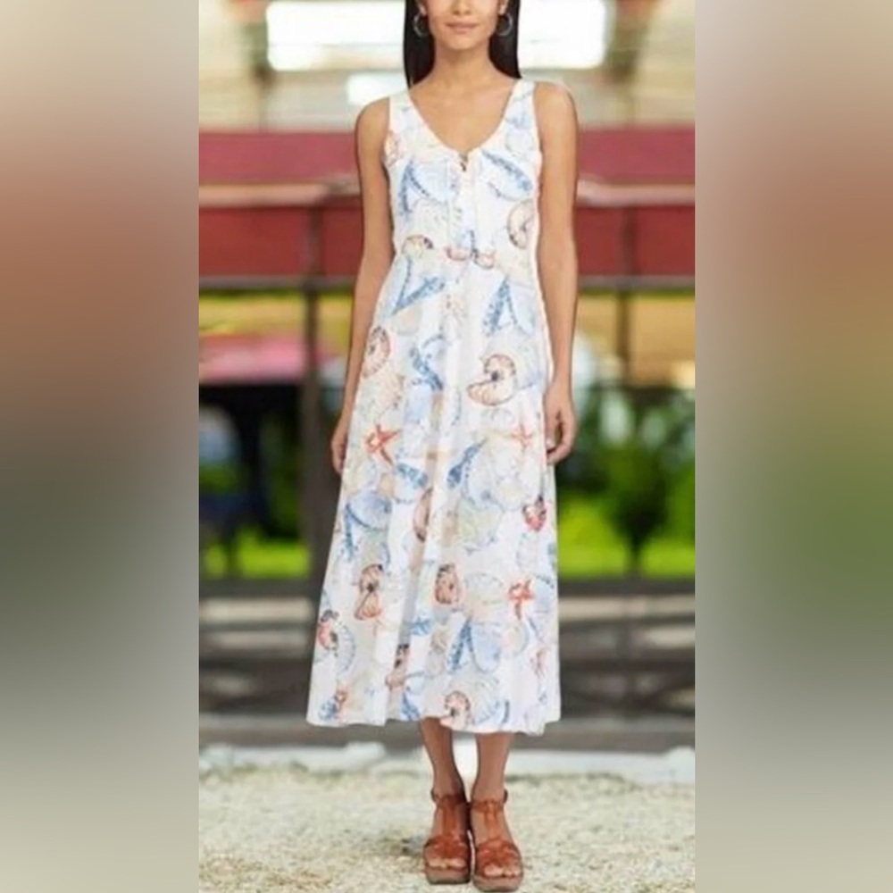 Chaps seashell print midi dress with a lace-up bodice.
